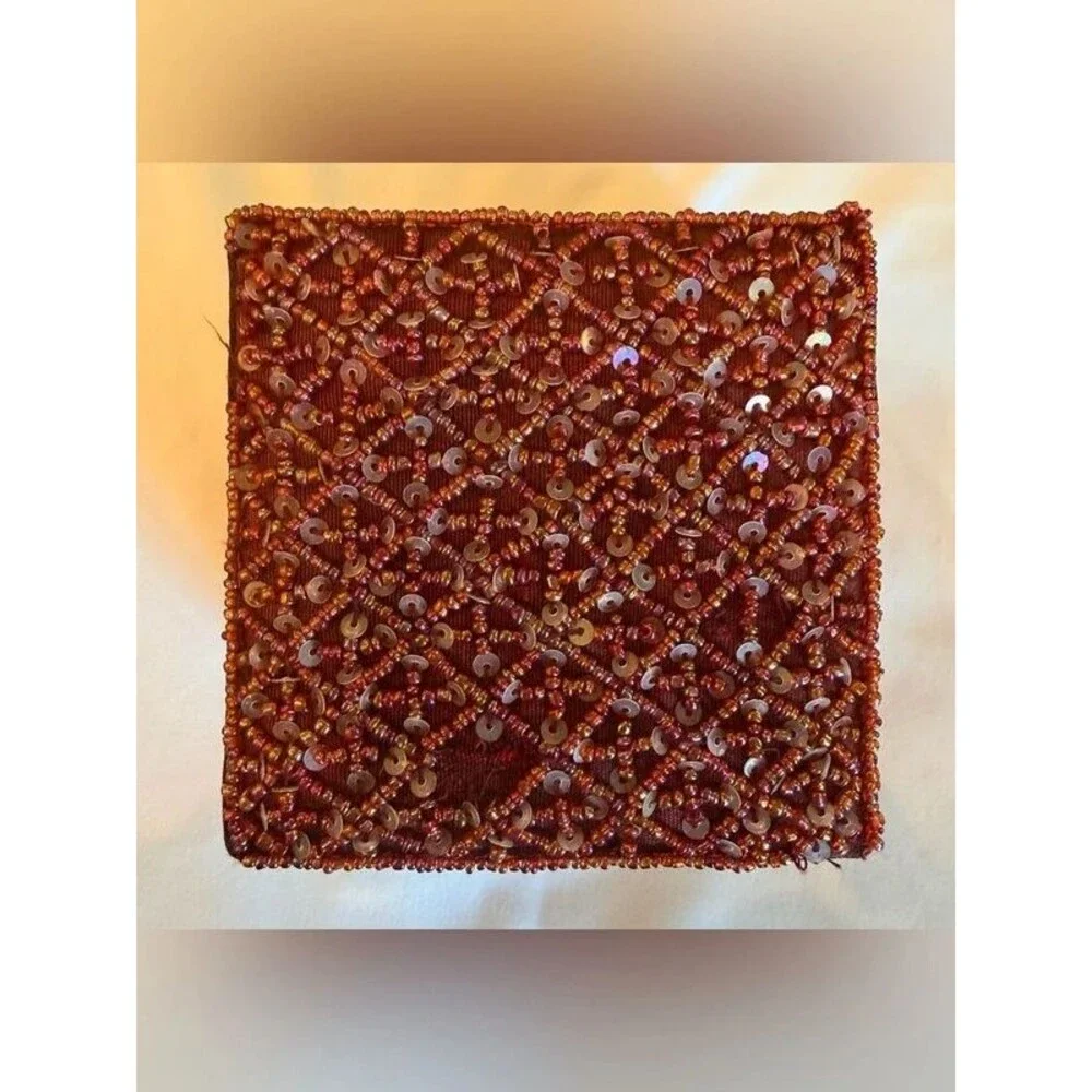 Vintage Red Beaded Wooden Jewelry Box Trinket Keepsake Box Mirror Boho Decor